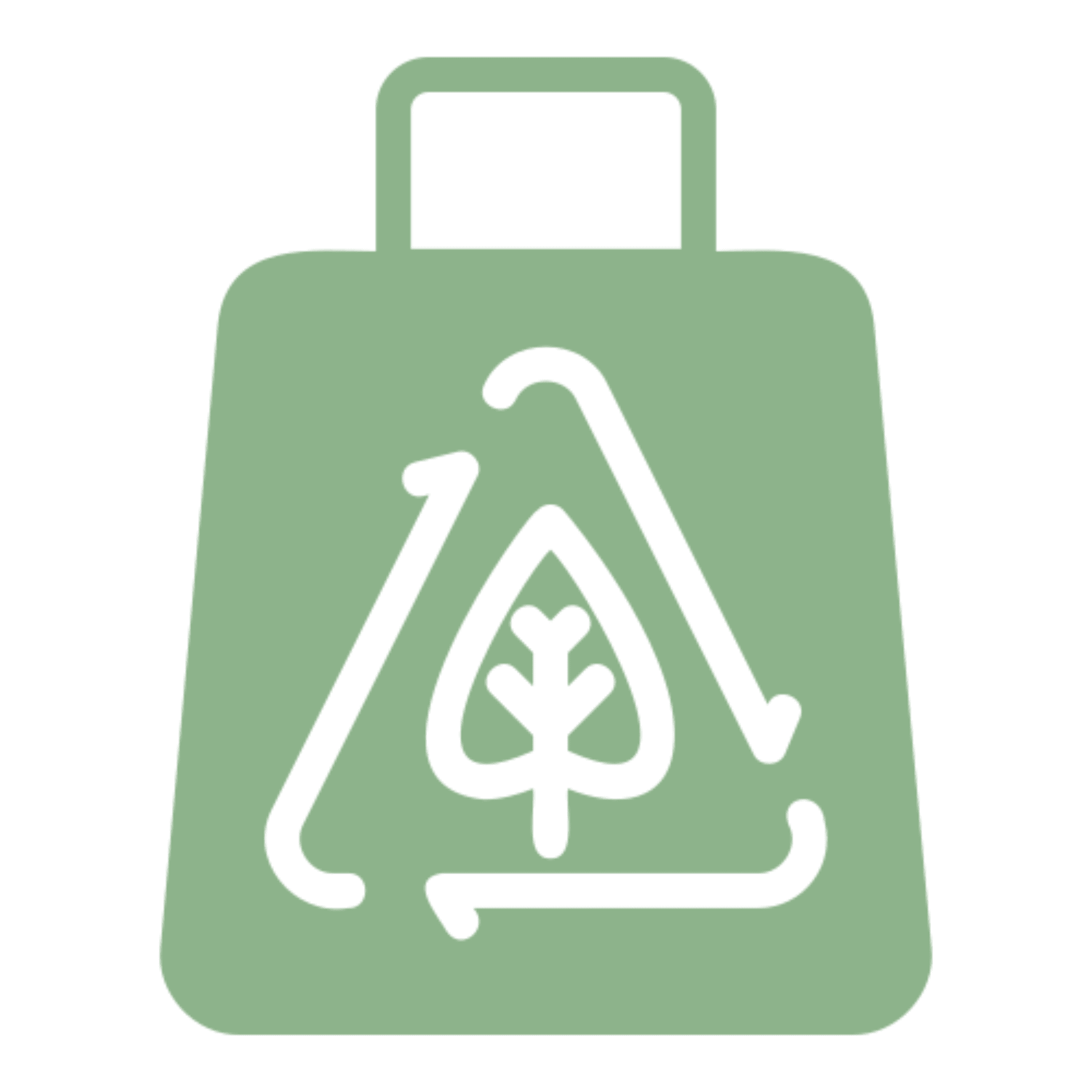 A green reusable shopping bag with a recycling symbol and leaf design.