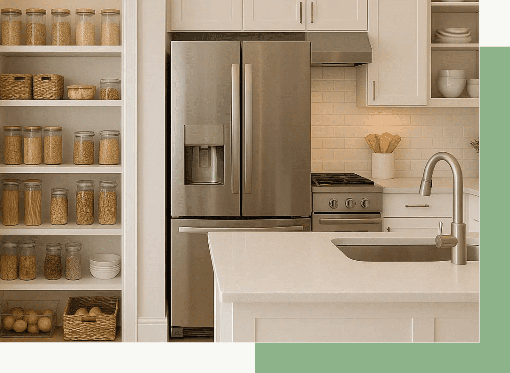 Modern kitchen with stainless steel refrigerator and white cabinetry.