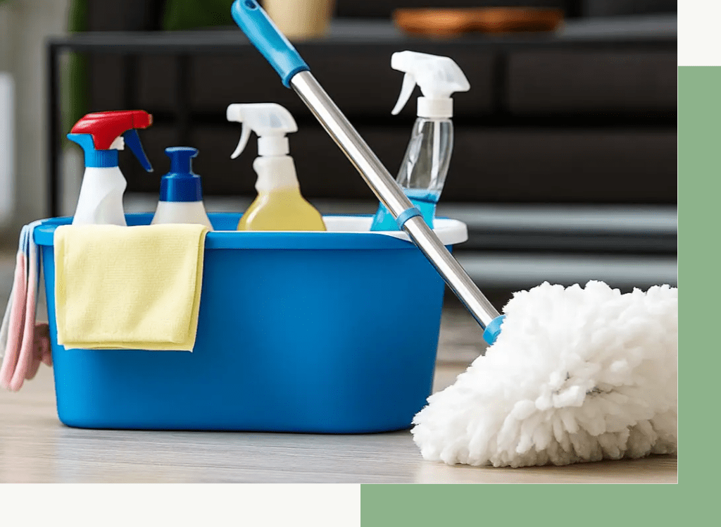 Cleaning supplies and mop ready for household chores.