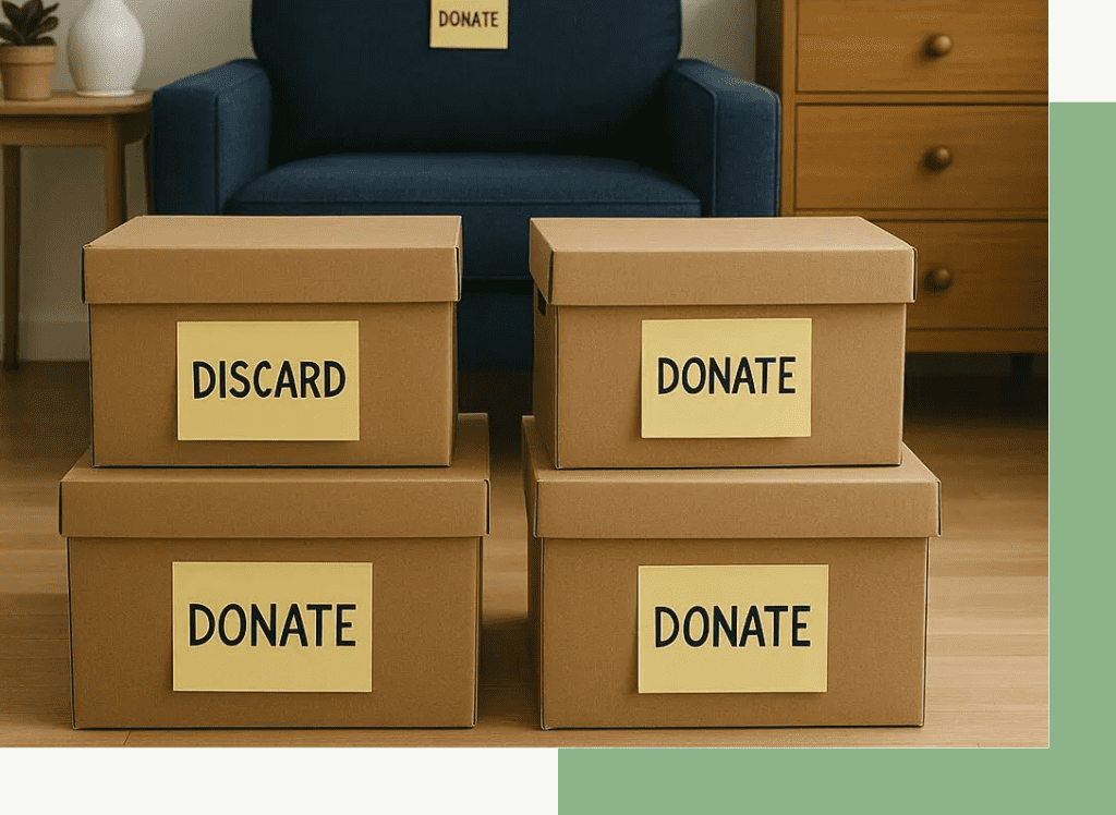 Boxes labeled 'Donate' and 'Discard' stacked in a room with furniture.