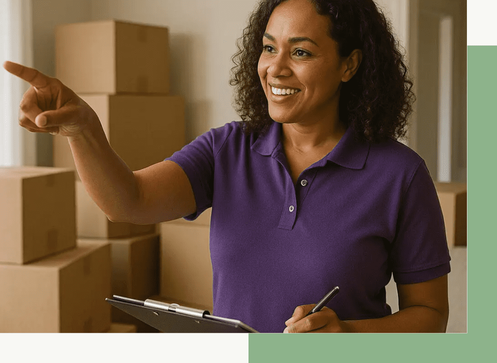 Smiling woman in purple shirt holding a clipboard and pen.